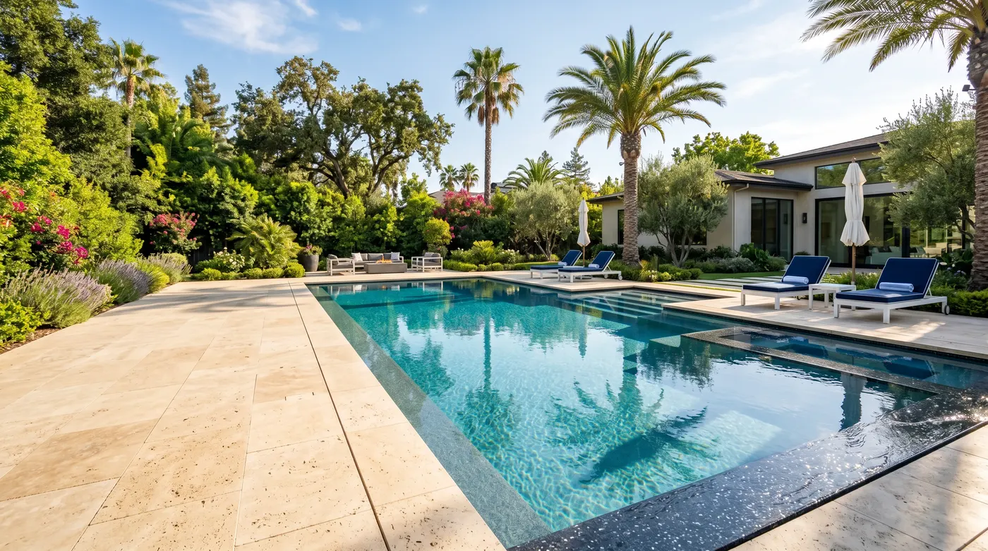A pristine sunlit backyard swimming pool in the Sacramento area
