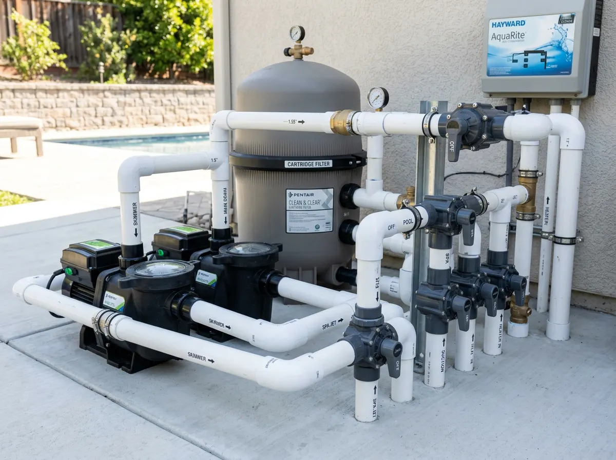 Clean, professionally installed pool equipment pad